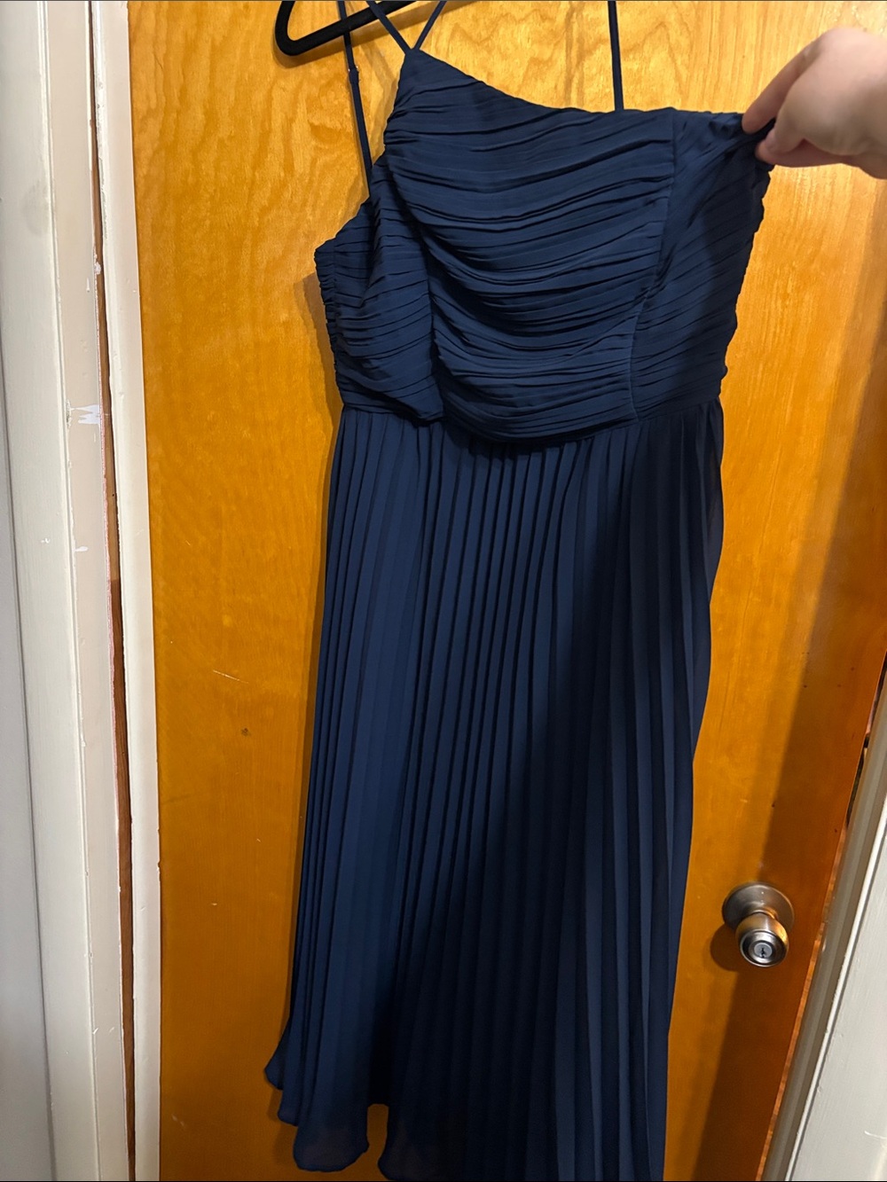Lulus One Shoulder Navy Pleated Midi Dress